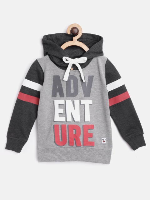 

Miss & Chief Boys Grey Melange & White Printed Hooded Sweatshirt