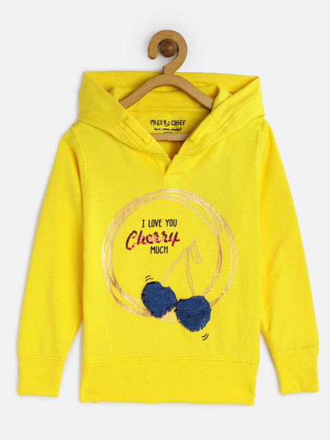 

Miss & Chief Girls Yellow Printed Hooded Sweatshirt