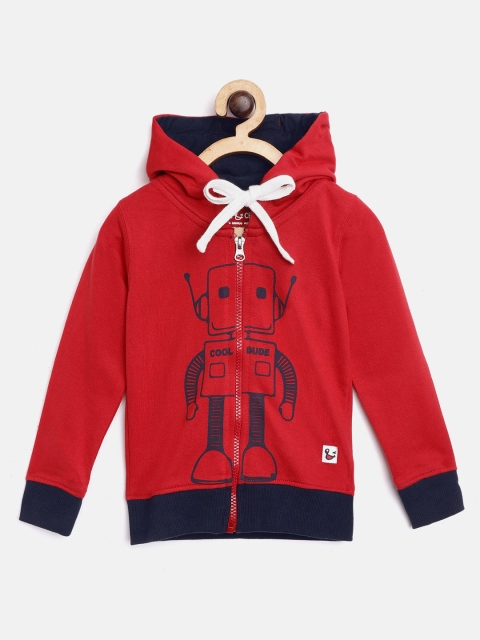 

Miss & Chief Boys Red & Navy Blue Graphic Print Hooded Sweatshirt