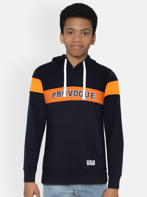 

Provogue Boys Navy Blue & Orange Colourblocked Hooded Sweatshirt