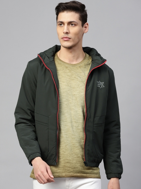 

Fort Collins Men Olive Green Solid Hooded Bomber Jacket
