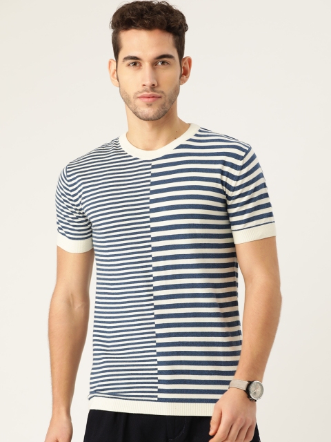 

United Colors of Benetton Men Blue & Off-White Striped Round Neck T-shirt