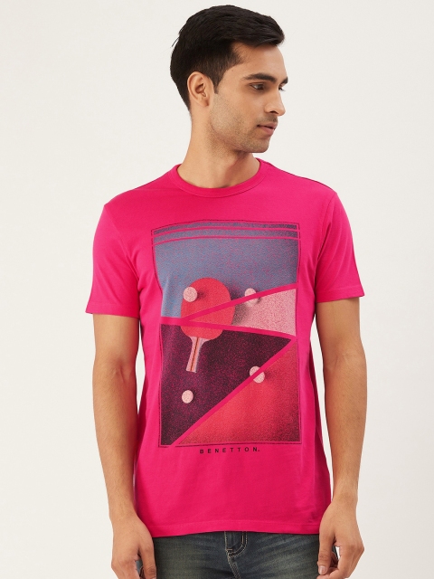 

United Colors of Benetton Men Pink Blue Graphic Print Round Neck Pure Cotton T-shirt