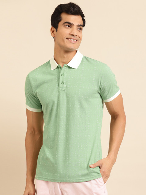 

United Colors of Benetton Men Green & White Printed Pure Cotton Polo Collar T-shirt