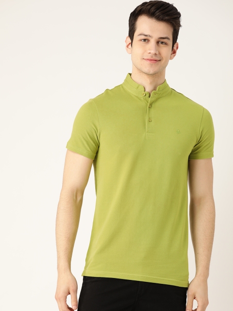 

United Colors of Benetton Men Green Solid Pure Cotton Mandarin Collar T-shirt