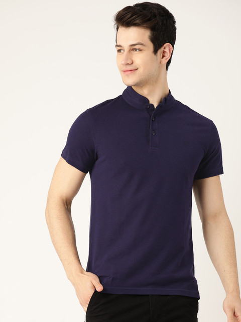 

United Colors of Benetton Men Navy Blue Solid Pure Cotton Mandarin Collar T-shirt