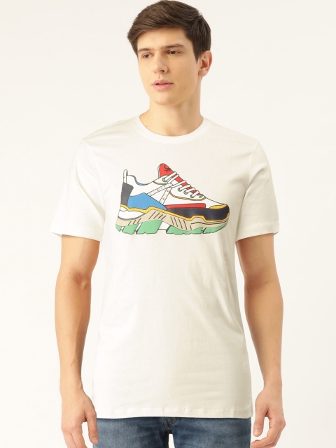 

United Colors of Benetton Men White & Blue Shoe Printed Round Neck T-shirt