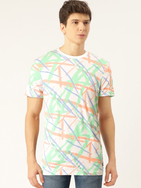 

United Colors of Benetton Men White Green Printed Round Neck Pure Cotton T-shirt