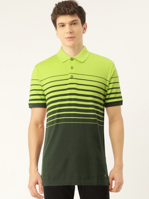 

United Colors of Benetton Men Green Striped Polo Collar T-shirt