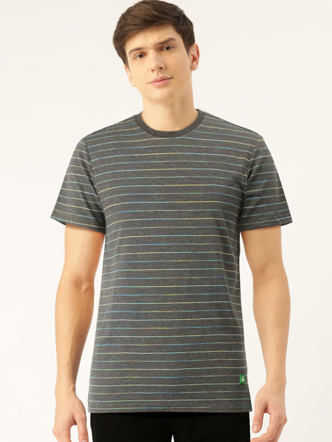 

United Colors of Benetton Men Charcoal Grey Striped Round Neck T-shirt