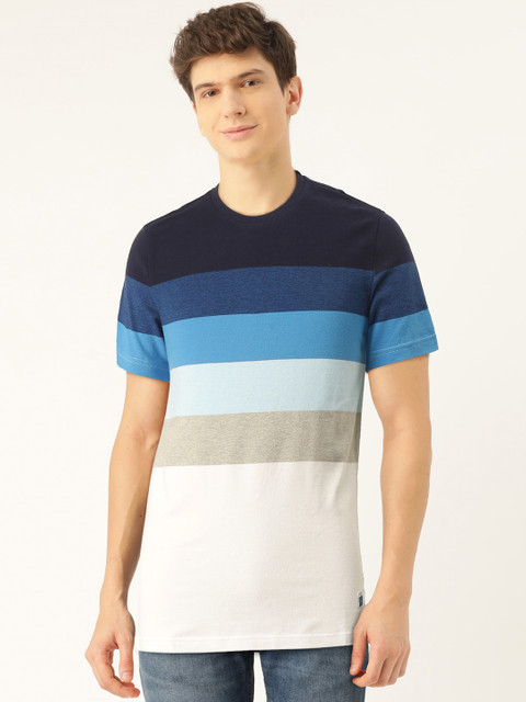 

United Colors of Benetton Men Blue & White Striped Round Neck T-shirt