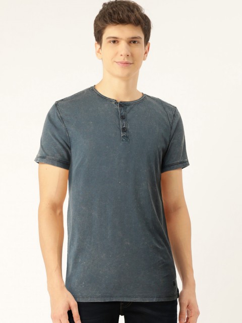 

United Colors of Benetton Men Blue Dyed Henley Neck Pure Cotton T-shirt