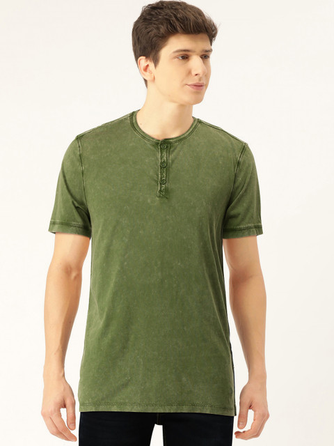 

United Colors of Benetton Men Olive Green Dyed Henley Neck Pure Cotton T-shirt