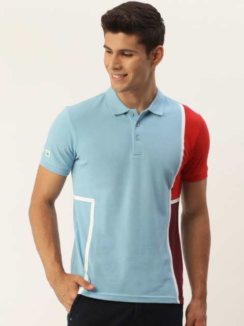 

United Colors of Benetton Men Blue Red Colourblocked Polo Collar Pure Cotton T-shirt