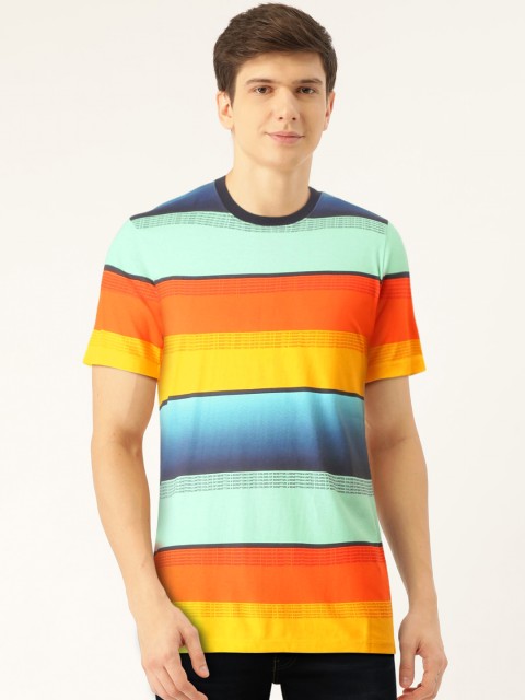 

United Colors of Benetton Men Orange Blue Striped Round Neck Pure Cotton T-shirt
