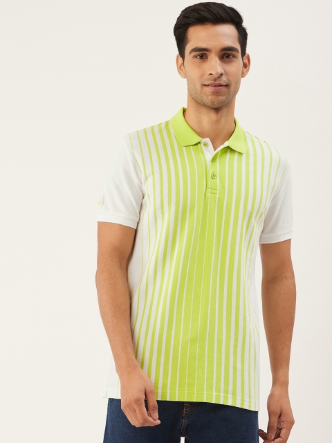 

United Colors of Benetton Men White & Florescent Green Striped Polo Collar T-shirt