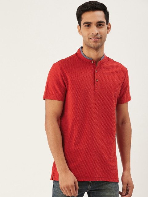 

United Colors of Benetton Men Red Self Design Mandarin collar Pure Cotton T-shirt