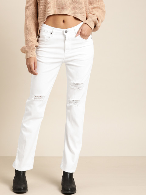 

Moda Rapido Women White Straight Fit High-Rise Mildly Distressed Stretchable Jeans