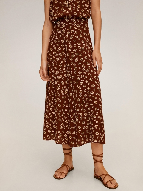 

MANGO Women Brown & Beige Floral Print Midi A-Line Skirt