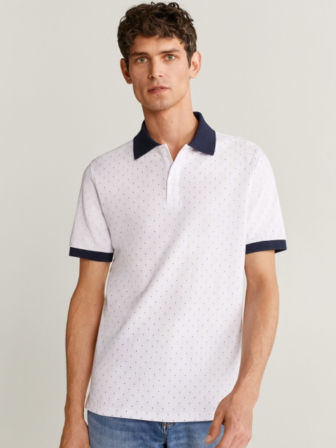 

MANGO MAN White & Blue Micro Print Polo Collar T-shirt