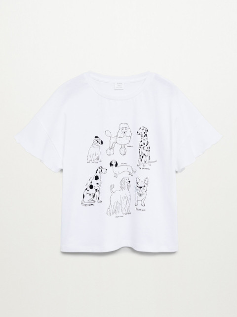 

Mango Kids Girls White & Black Dogs Print Sustainable Pure Cotton Top