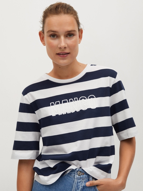 

MANGO Women Navy Blue & White Striped Round Neck T-shirt