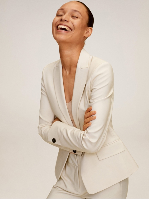 

MANGO Women Off-White Solid Single-Breasted Casual Blazer