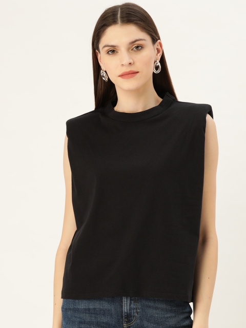 

MANGO Women Black Solid Shoulder Pad Round Neck T-shirt