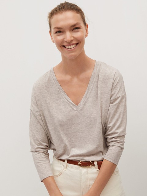 

MANGO Women Grey Melange Solid V-Neck T-shirt