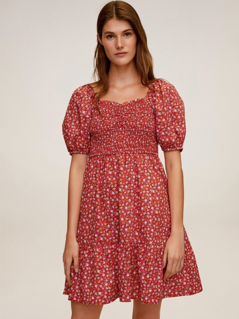 

MANGO Women Red & Off-White Floral Print A-Line Dress