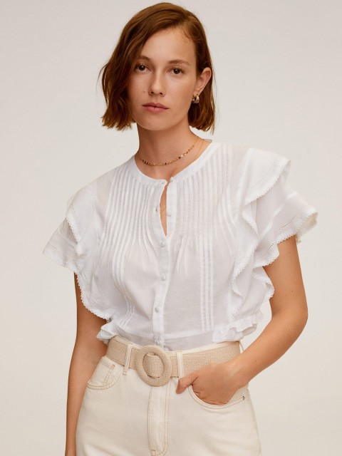 

MANGO Women White Solid A-Line Pure Cotton Top