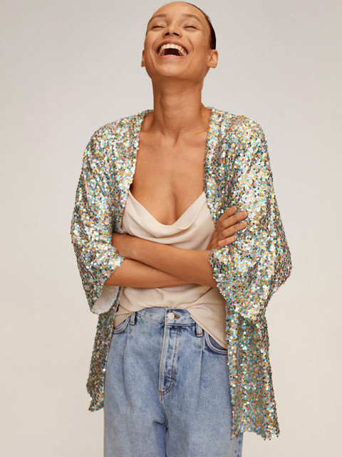 

MANGO Women Blue & Golden Sequinned Kaftan Shrug