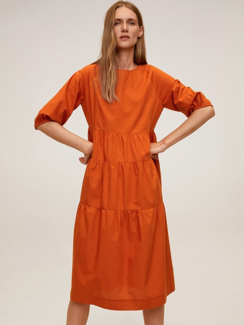 

MANGO Women Orange Solid Tiered A-Line Dress
