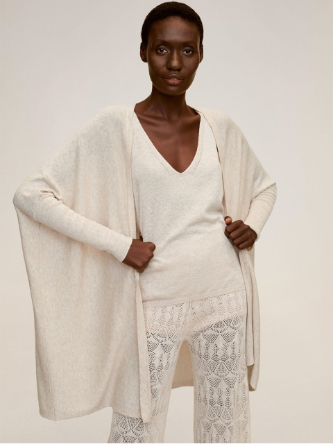 

MANGO Women Off-White Solid Longline Front-Open Sweater