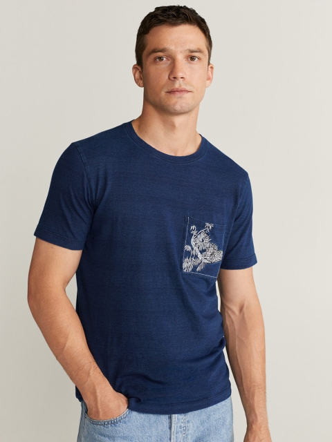

MANGO MAN Navy Blue Solid Round Neck T-shirt