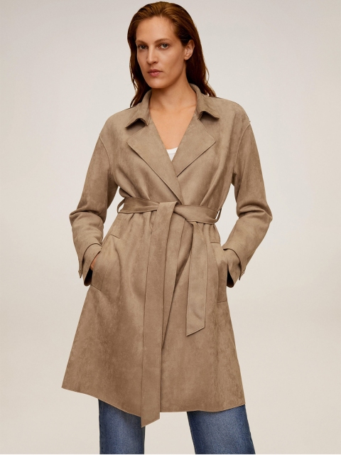 

MANGO Women Beige Solid Suede Finish Front Open Trench Coat With Belt