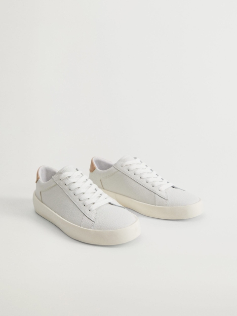 

MANGO Women White Textured Leather Sneakers