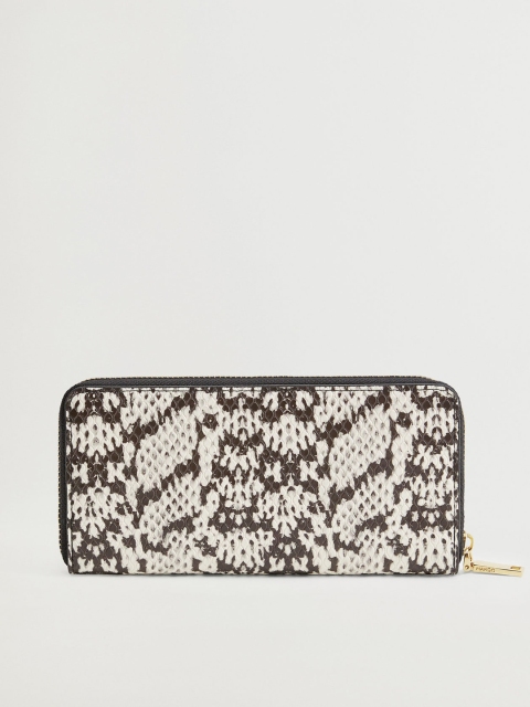 

MANGO Women Coffee Brown & White Snakeskin Textured Zip Around Wallet