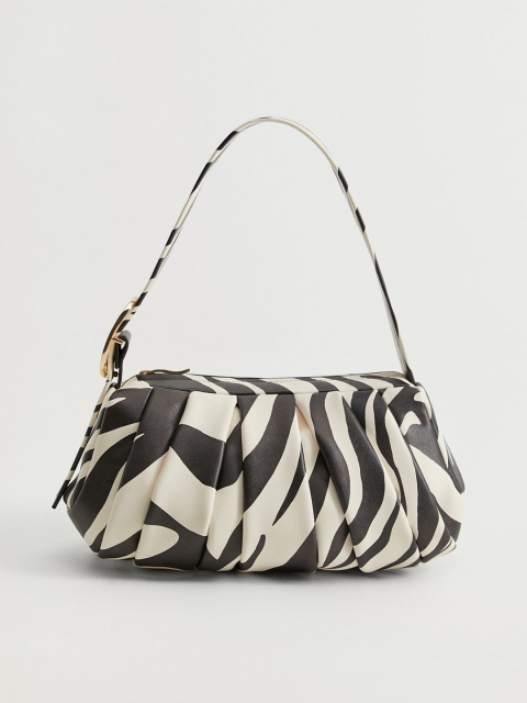 

MANGO Black & Off-White Zebra Print Shoulder Bag with Pleats