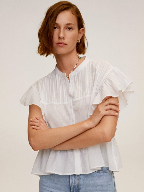 

MANGO Women White Solid A-Line Pure Cotton Top