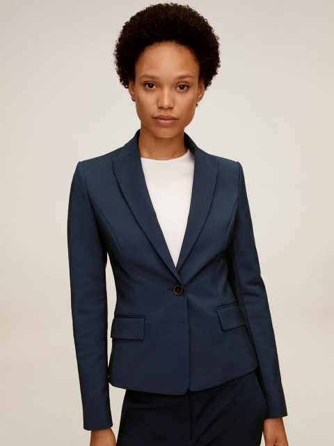 

MANGO Women Navy Solid Single-Breasted Formal Blazer, Navy blue