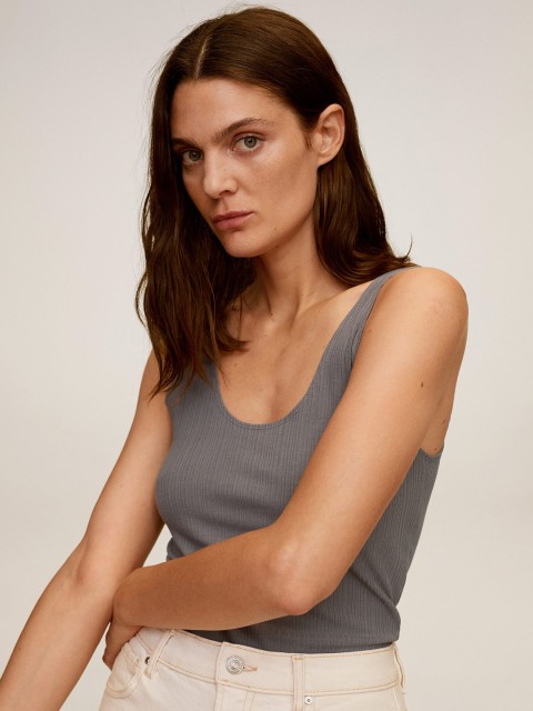 

MANGO Women Grey Ribbed Top