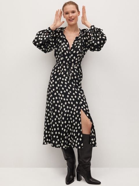 

MANGO Women Black & Off-White Printed A-Line Dress