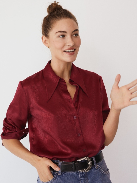 

MANGO Women Maroon Regular Fit Solid Casual Shirt with Satin Finish