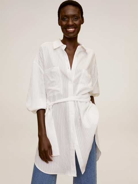 

MANGO Women White Regular Fit Self Striped Longline Casual Shirt, Off white