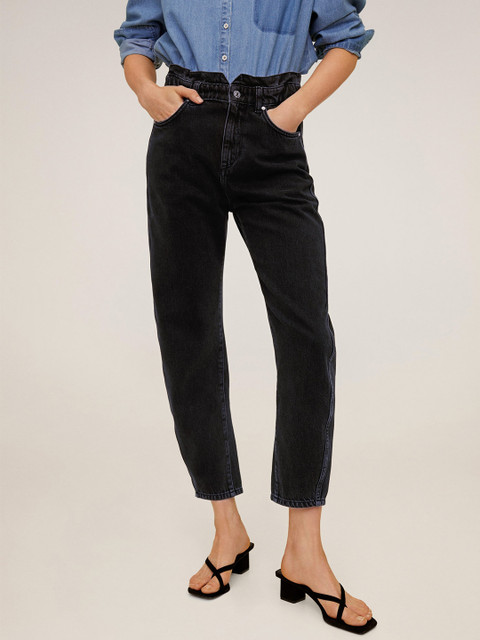 

MANGO Women Black Slouchy Fit High-Rise Clean Look Stretchable Sustainable Cropped Jeans