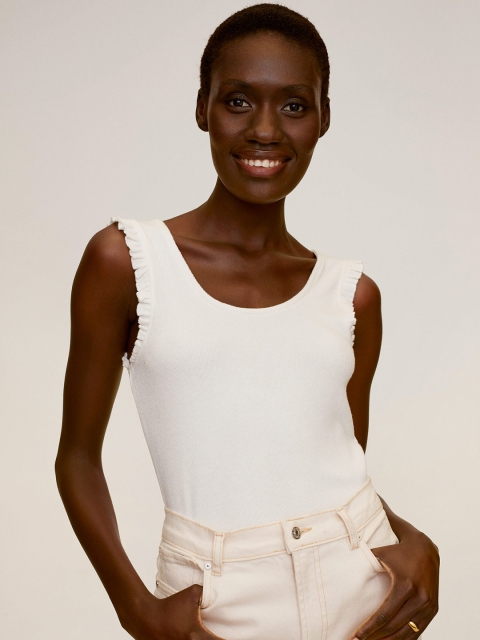 

MANGO Women Off-White Solid Fitted Top