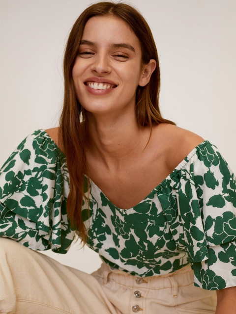 

MANGO Women White & Green Floral Printed Smocked Detail Bardot Top