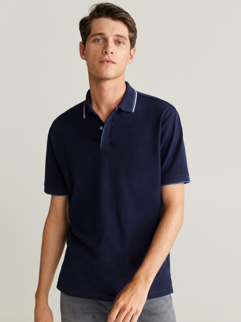 

MANGO MAN Navy Blue Solid Polo Collar T-shirt