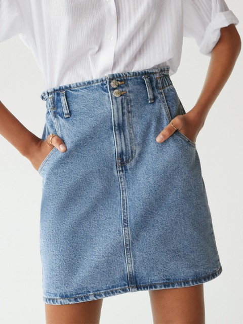 

MANGO Women Blue Solid Denim Straight Pure Cotton Skirt